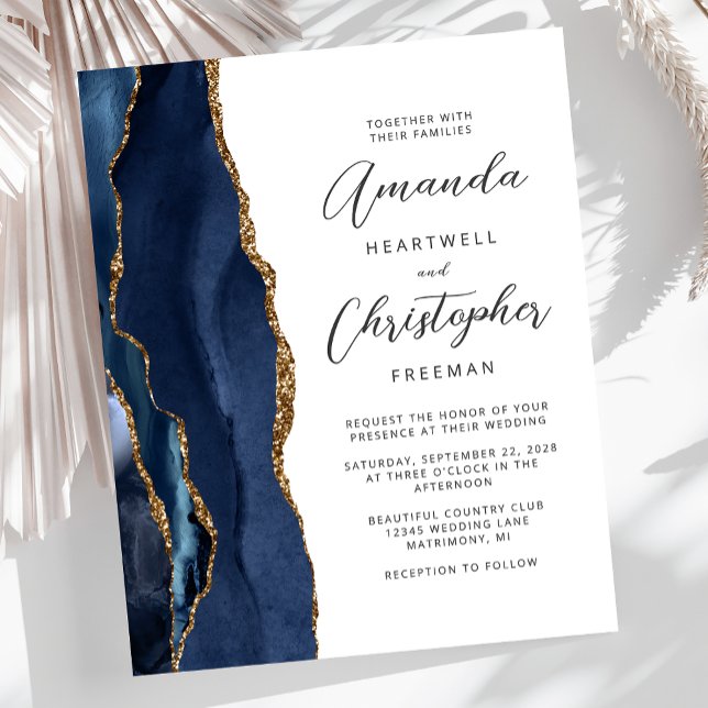 Convite de Casamento em Ágata Dourada Azul Marinho (Criador carregado)