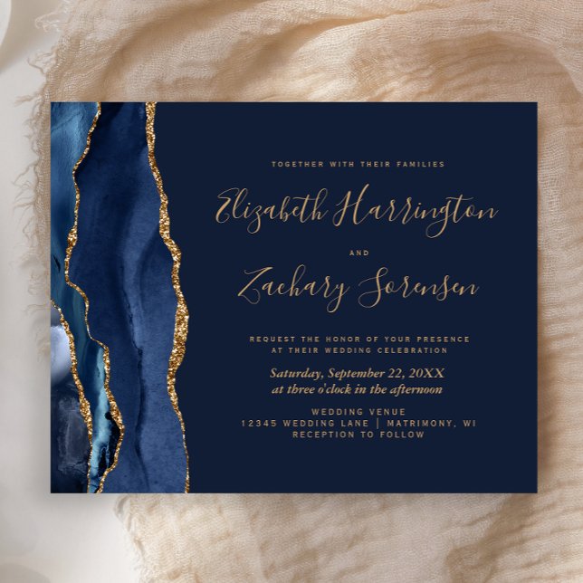 Convite de Casamento em Ágata Dourada Azul Marinho (Criador carregado)