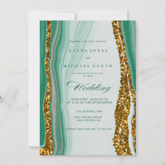 Convite de Casamento em Ágata Dourada Verde Esmera