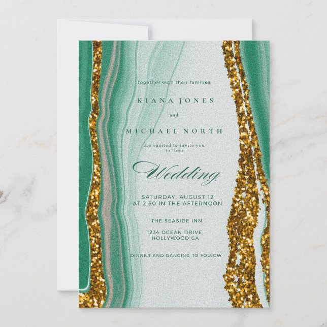 Convite de Casamento em Ágata Dourada Verde Esmera (Frente)