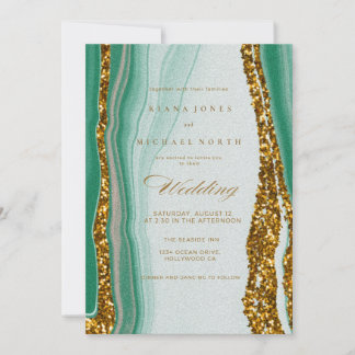 Convite de Casamento em Ágata Dourada Verde Esmera