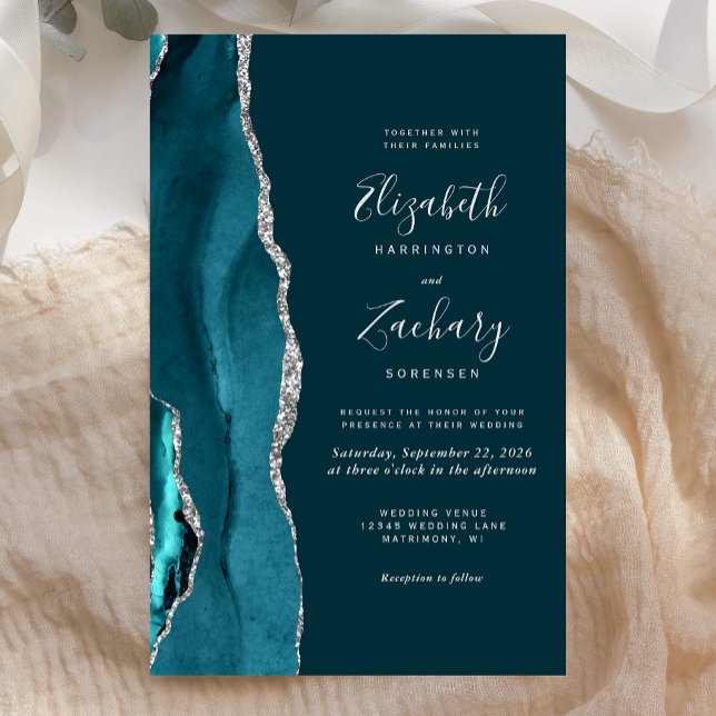 Convite de Casamento em Ágata Prata Azul Teal com  (Criador carregado)
