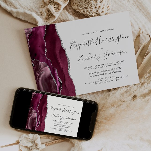 Convite de Casamento em Ágata Prata Burgundy Moder (Criador carregado)