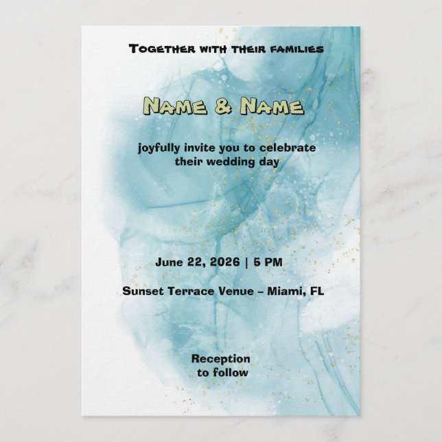 Convite de Casamento em Aquarela Azul Turquesa Ele (Frente)