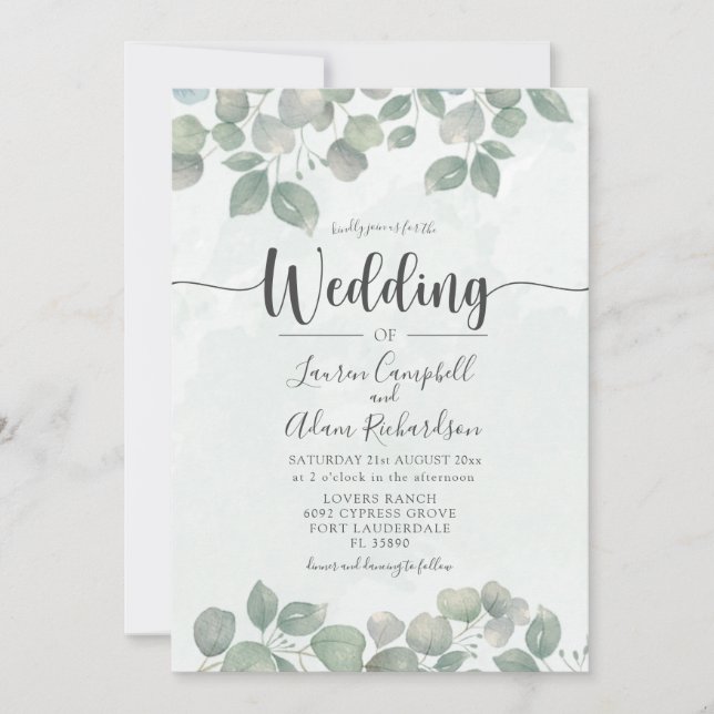 Convite de casamento em aquarela de eucalipto em v (Frente)