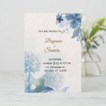 Convite de Casamento em Aquarela Floral Azul Elega