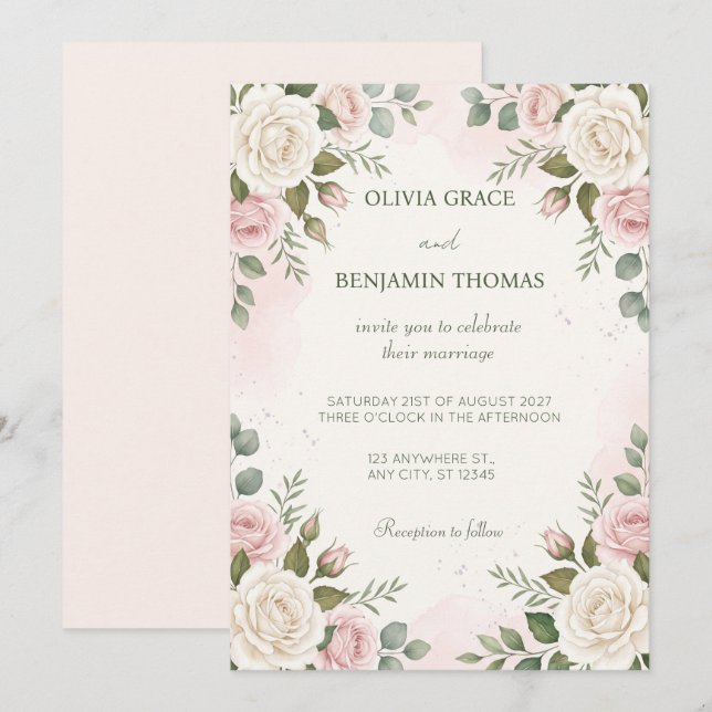 Convite de Casamento em Aquarela Rosa Bege (Frente/Verso)
