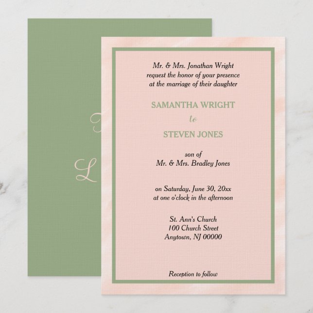 Convite de Casamento em Aquarela Rosa Bege e Verde (Frente/Verso)
