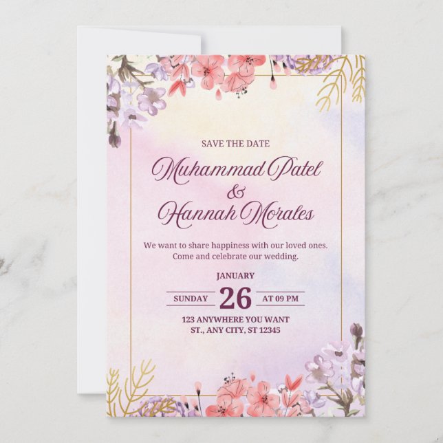 Convite de Casamento em Aquarela Rosa e Roxo Elega (Frente)