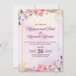 Convite de Casamento em Aquarela Rosa e Roxo Elega