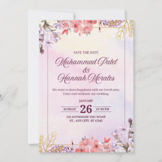 Convite de Casamento em Aquarela Rosa e Roxo Elega
