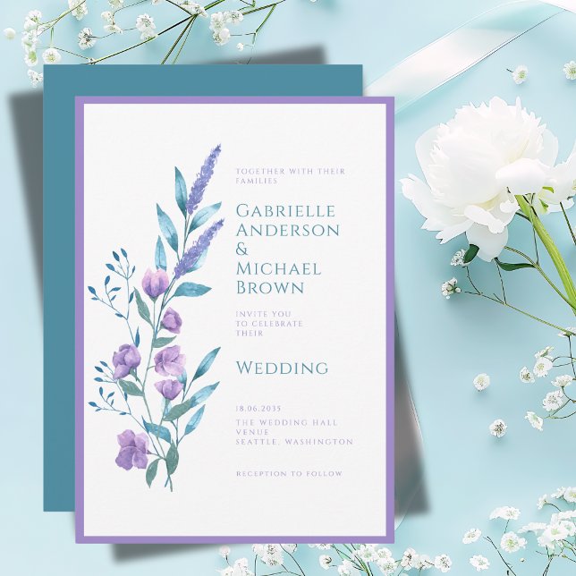 Convite de Casamento em Aquarela Roxo Lavanda Eleg (Criador carregado)