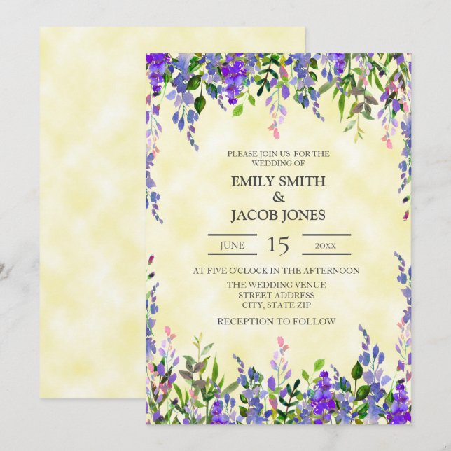 Convite de Casamento em Aquarela Roxo sobre Amarel (Frente/Verso)
