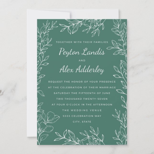 Convite de Casamento em Arte Linear Botânica Verde (Frente)