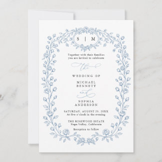 Convite de Casamento em Arte Linear Floral Azul Em