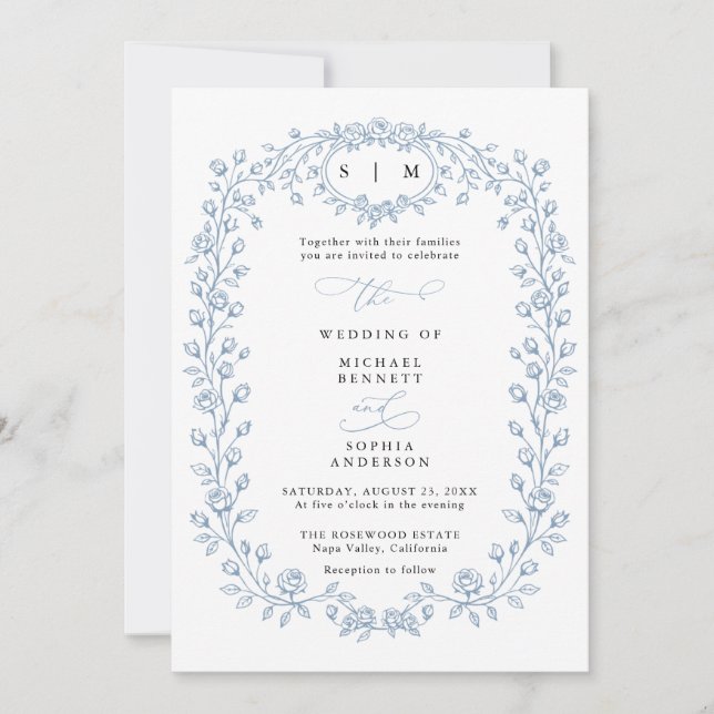 Convite de Casamento em Arte Linear Floral Azul Em (Frente)