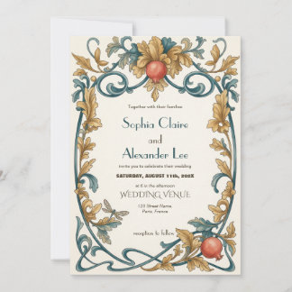 Convite de Casamento em Arte Nova Azul Real e Dour