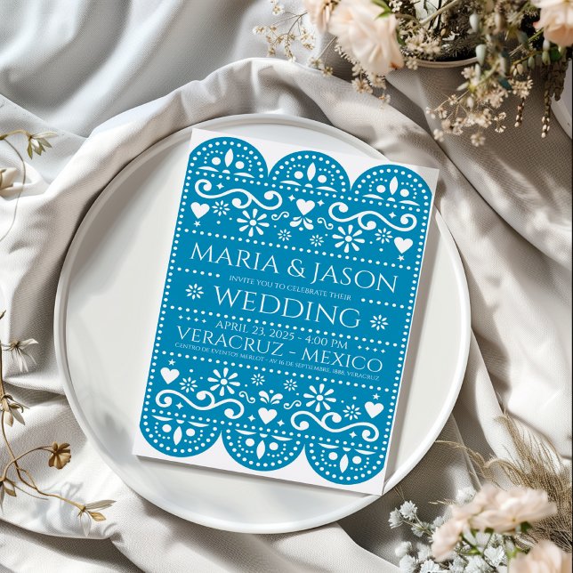 Convite de Casamento em Arte Popular Papel Picado  (Mexican Turquoise Papel Picado Folk Art Wedding Invitation)