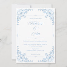 Convite de casamento em azul com filigrana estilo