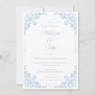 Convite de casamento em azul com filigrana estilo