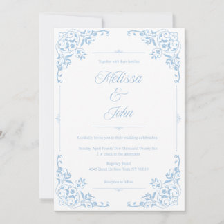 Convite de casamento em azul com filigrana estilo