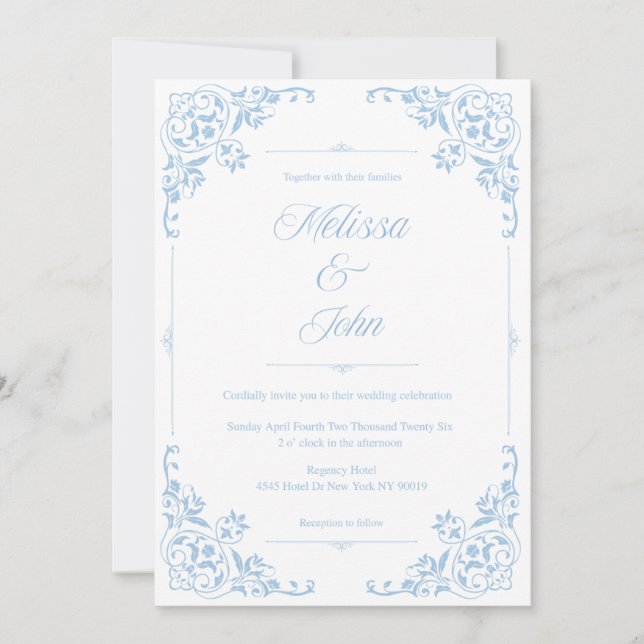 Convite de casamento em azul com filigrana estilo  (Frente)