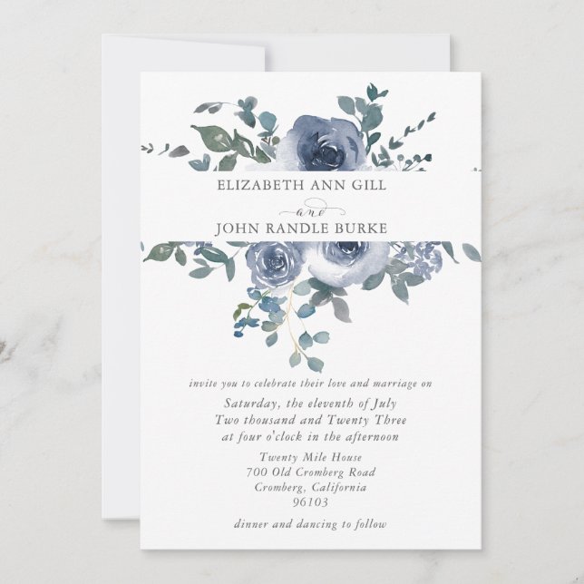 Convite de Casamento em Azul Desbotado Floral e Ci (Frente)