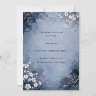 Convite de casamento em azul empoeirado e flor de