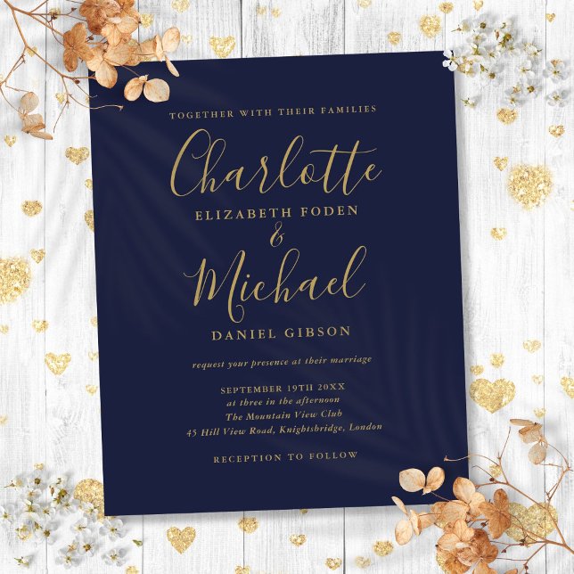 Convite de Casamento em Azul Marinho e Dourado com (Budget Navy Blue Gold Script Wedding Invitation)