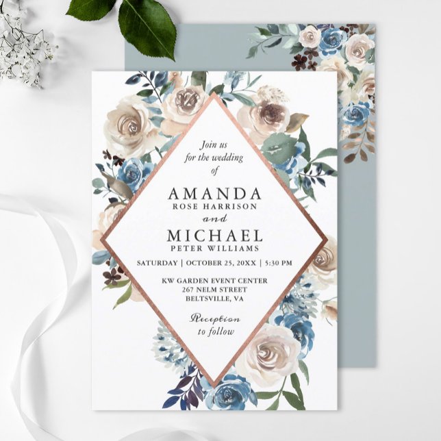Convite de Casamento em Azul Poeirento com Florais (Criador carregado)