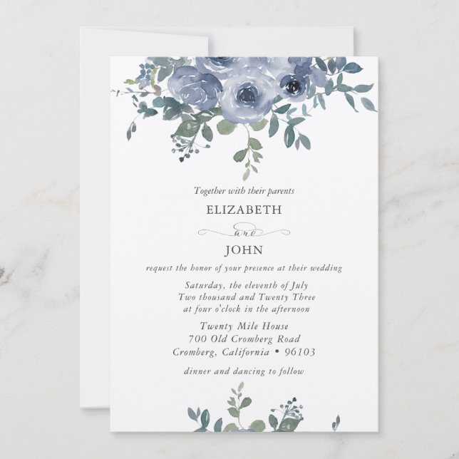 Convite de Casamento em Azul Poeirento Floral e Ci (Frente)
