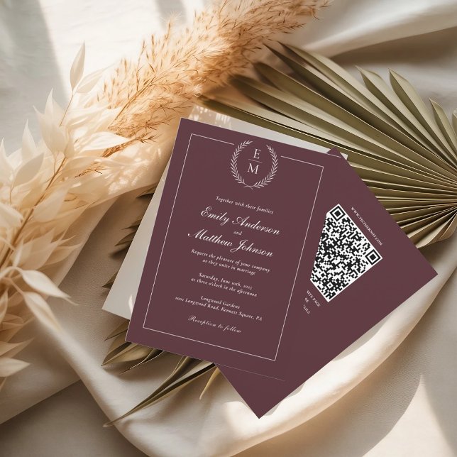 Convite de Casamento em Borgonha com Código QR (Criador carregado)