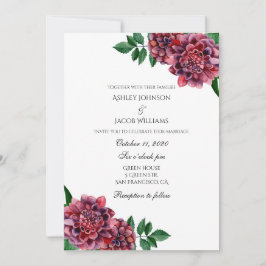 Convite de casamento em burgundy floral. Dahlias c