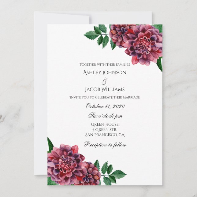Convite de casamento em burgundy floral. Dahlias c (Frente)