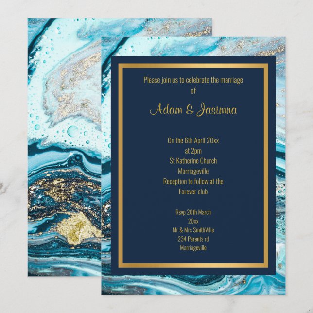 CONVITE DE CASAMENTO EM CAMADA DOURADA DE MARINHO  (Frente/Verso)