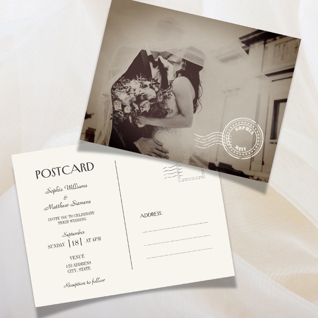 Convite de Casamento em Cartão Postal Clássico Vin (Classic Vintage Photo Wedding Invitation Postcard)