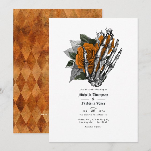 Convite de casamento em código QR floral laranja g (Frente/Verso)