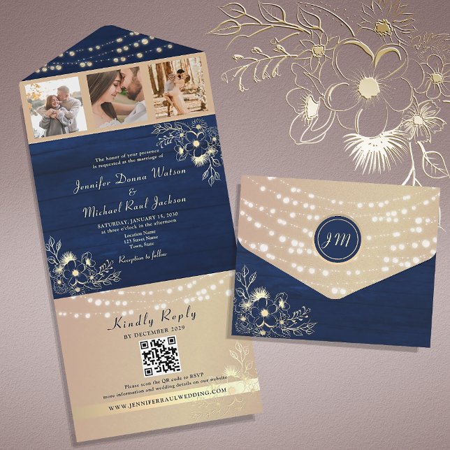 Convite de Casamento em Código QR Navy Rústico (Criador carregado)