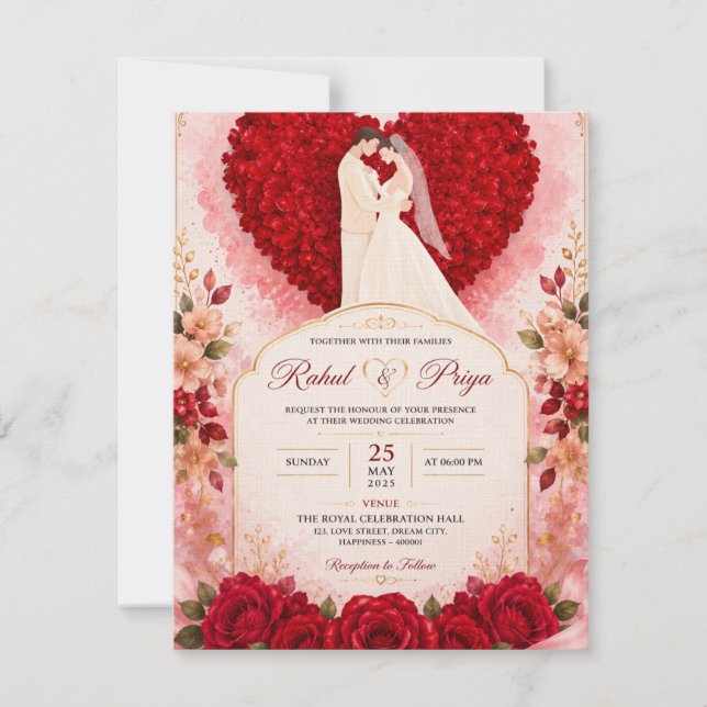 Convite de casamento em coração de rosas vermelhas (Frente)