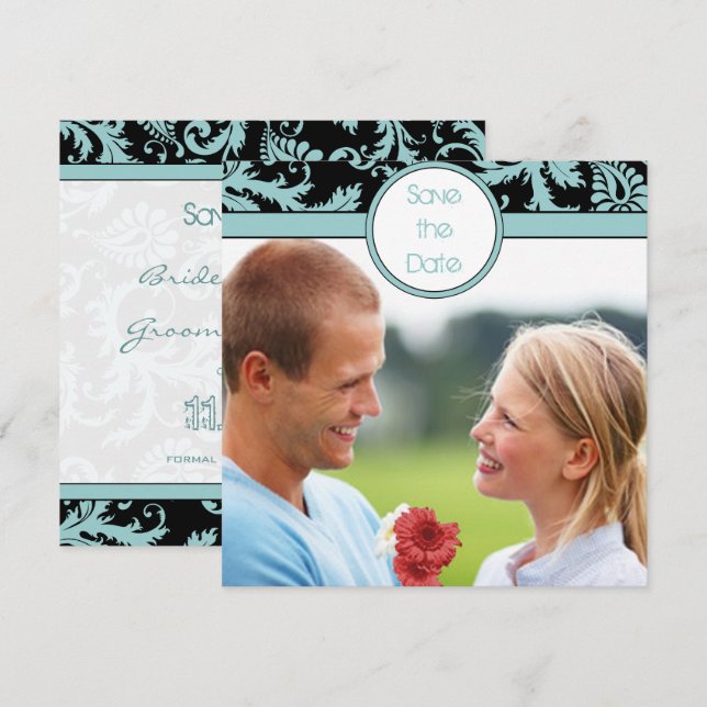 Convite de Casamento em Damasco Azul Água em Preto (Frente/Verso)