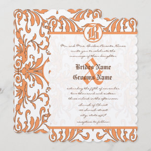 Convite de Casamento em Damasco Coral e Marrom Vin