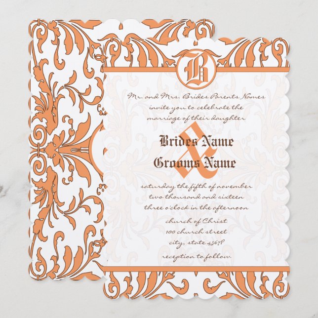 Convite de Casamento em Damasco Coral e Marrom Vin (Frente/Verso)