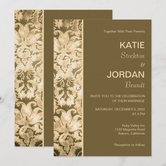 Convite de Casamento em Damasco Dourado Chic (Frente/Verso)