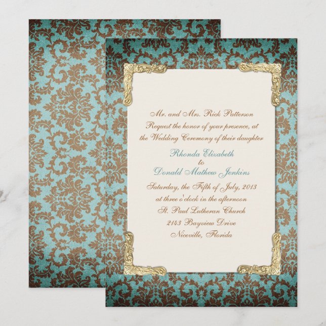 Convite de Casamento em Damasco Francês Chic Antiq (Frente/Verso)