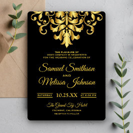Convite de Casamento em Damasco Preto e Dourado El
