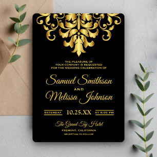 Convite de Casamento em Damasco Preto e Dourado El