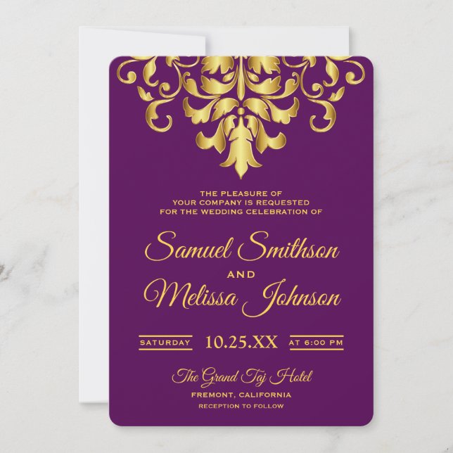Convite de Casamento em Damasco Roxo Dourado Elega (Frente)