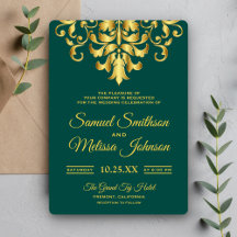 Convite de Casamento em Damasco Verde Elegante a O