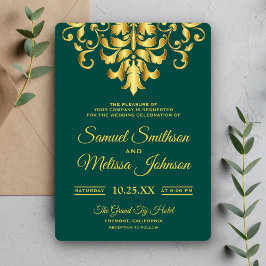 Convite de Casamento em Damasco Verde Elegante a O