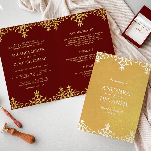 Convite de Casamento em Damasco Vermelho Dourado E (Criador carregado)